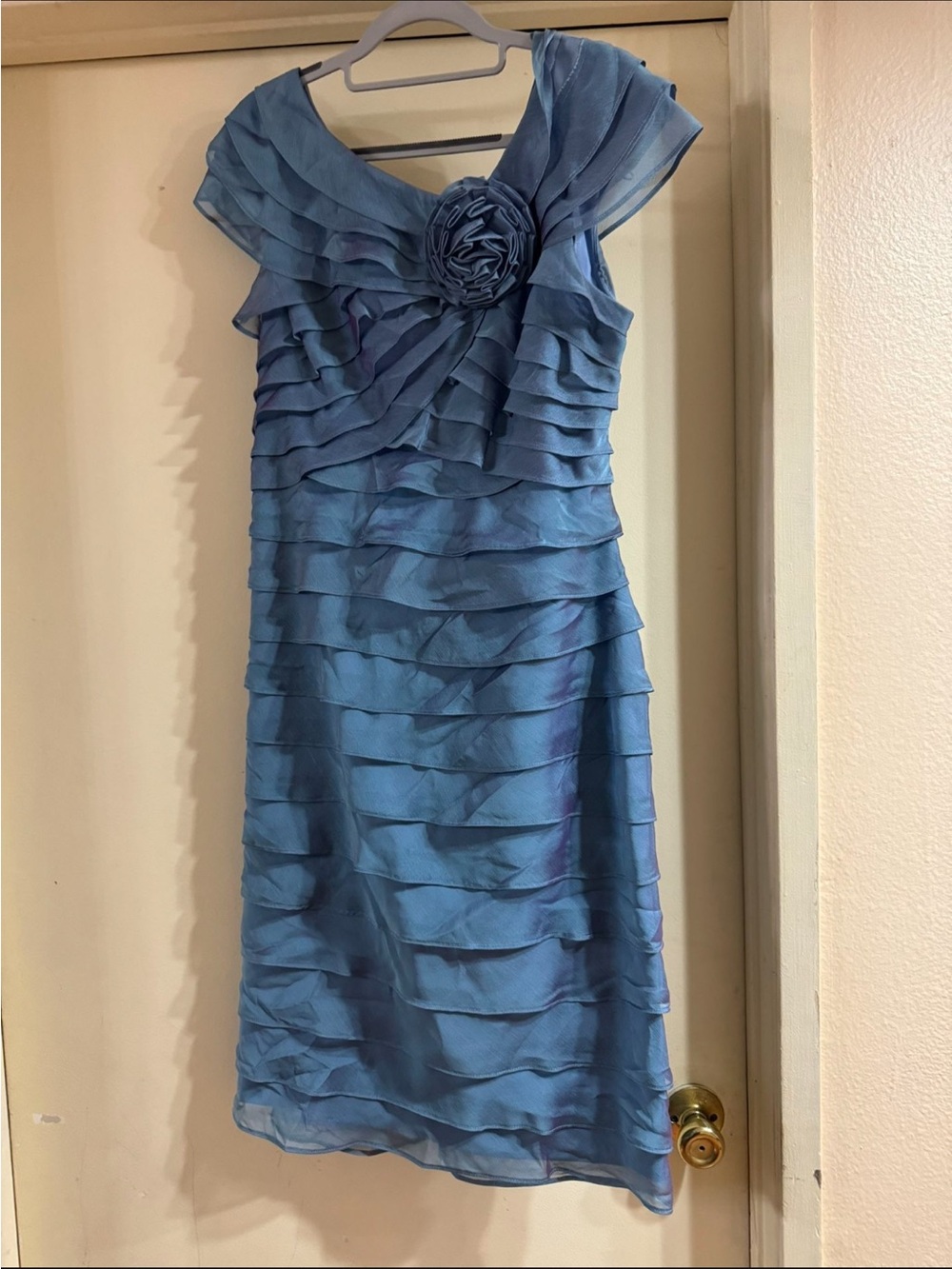 London Times Blue Ruffle Layered Midi Dress with Rosette